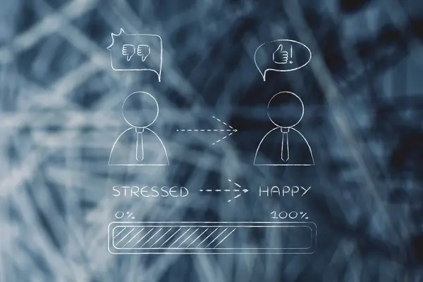 Business man gaande van gestrest tot gelukkig — Stockfoto