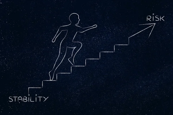 Estabilidad o riesgo, hombre subir escaleras metáfora — Foto de Stock