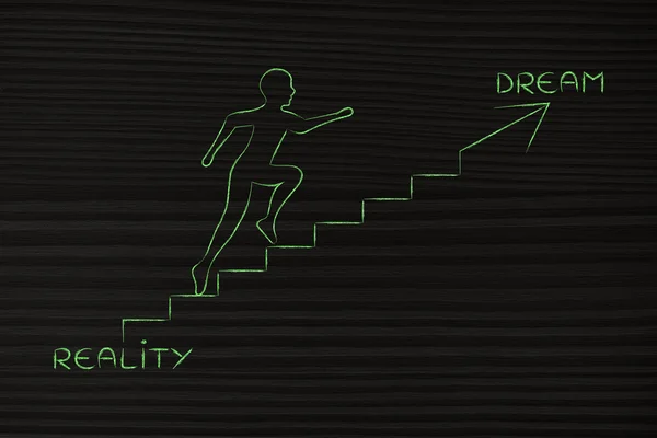 Reality or dream, man climbing stairs metaphor — Stock Photo, Image