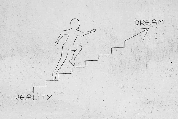 Reality or dream, man climbing stairs metaphor — Stock Photo, Image