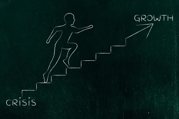 Da crise ao crescimento, homem subindo escadas metáfora — Fotografia de Stock