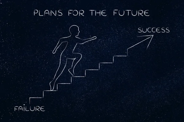 from failure to success, man climbing stairs metaphor