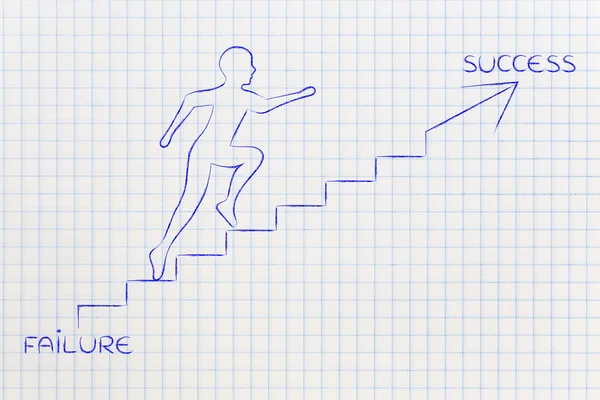 Van mislukking naar succes, man klimmen trappen metafoor — Stockfoto