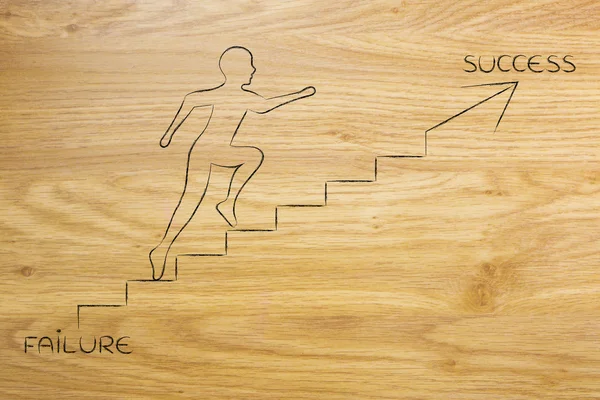 Od awarii do sukcesu człowiek wspinaczka po schodach metafora — Zdjęcie stockowe