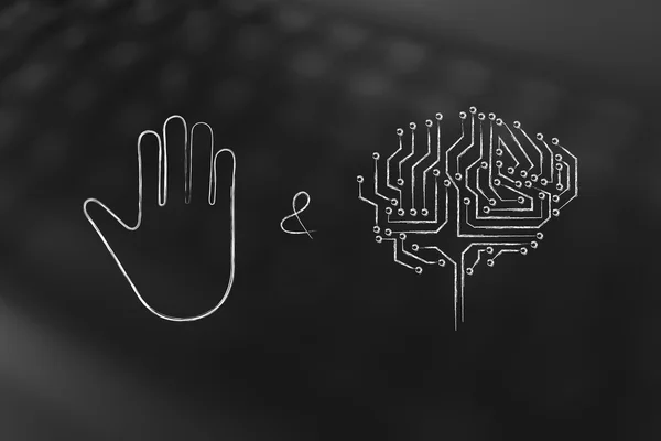 Sluta & Think, hand gest och elektroniska hjärnan — Stockfoto