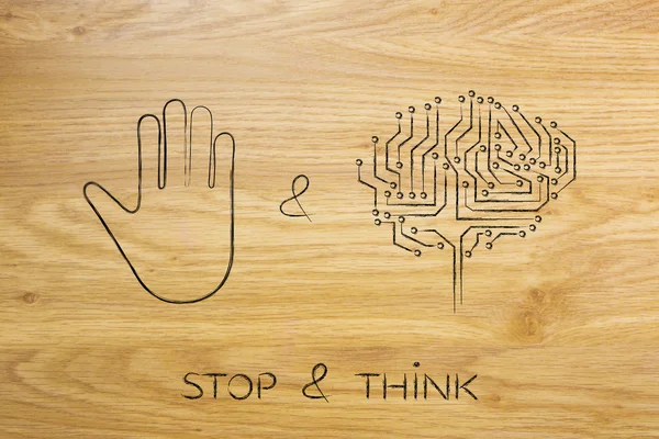 stop & think, hand gesture and electronic brain