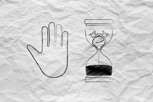 Пісочний годинник з таненням годинника і рукою, що робить жест зупинки — стокове фото