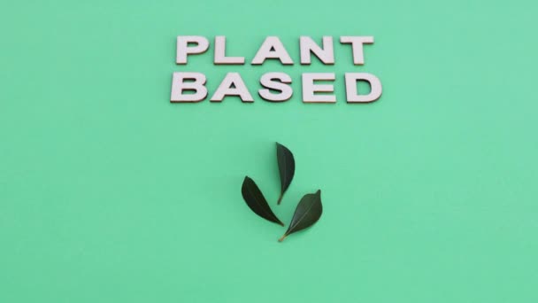 ショッピングバッグと葉のミニマリストグリーンの背景を持つ植物ベースのテキストのための選択肢 — ストック動画