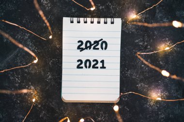 2020 nolu metnin ve 2021 ninin üstünü çizen neşeli peri ışıkları, covid-19 virüsünün salgınının yol açtığı zorluklarla yüzleşme kavramı