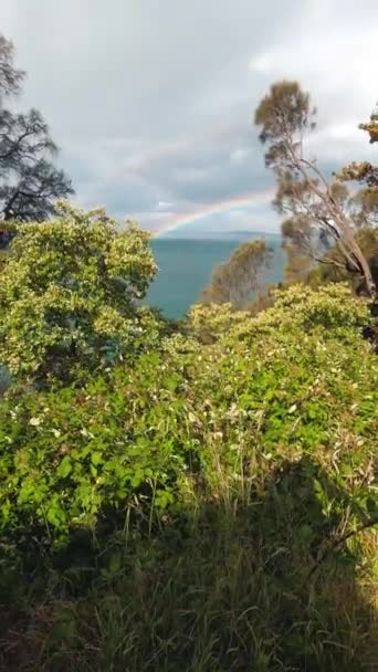 Regenbogen Und Stürmischer Himmel Umgeben Von Einer Unberührten Wilden Landschaft — Stockvideo