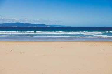 Tazmanya, Avustralya 'daki Güney Hobart' taki Clifton Sahili 'nde el değmemiş vahşi doğa dalgalı mavi okyanusları ve engebeli bir sahil şeridinin yanında altın kumları var.