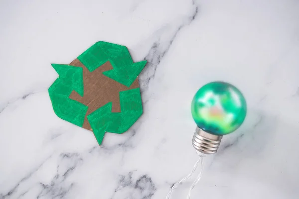 環境に配慮した生態系と緑のアイデア段ボールのロゴマークの横にある緑の電球 — ストック写真