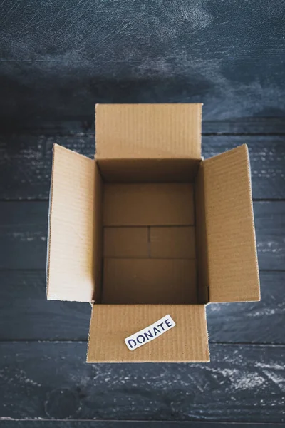 Charity Donation Decluttering Items Thrifted Concept Empty Box Donate Label — Stock Photo, Image