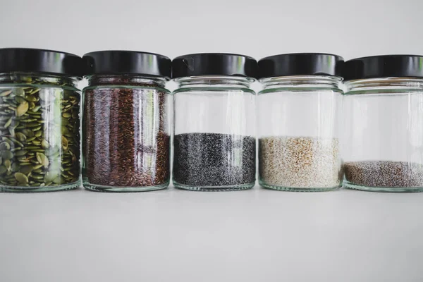 Simple Food Ingredients Concept Seed Jars Sesame Poppy Pupmkin Chia — Stock Photo, Image