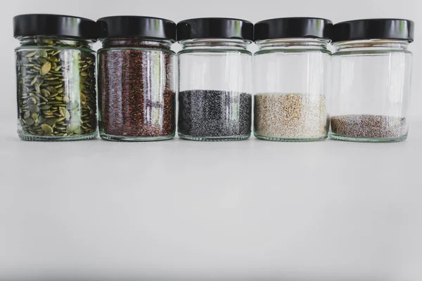 Simple Food Ingredients Concept Seed Jars Sesame Poppy Pupmkin Chia — Stock Photo, Image