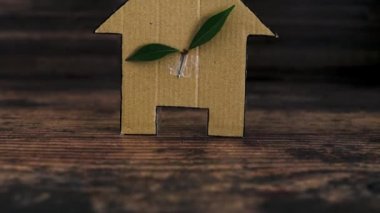 yeşil ev ve enerji verimliliği, ahşap arka planda yaprakları olan ekolojik ev simgesi