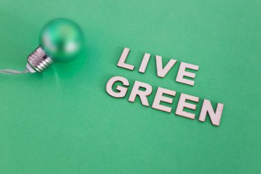 ekoloji ve sürdürülebilirlik, yeşil ampul üzerinde canlı yeşil metin ton arkaplanı üzerine 