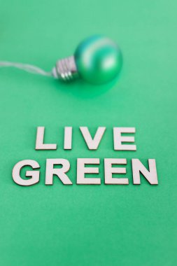 ekoloji ve sürdürülebilirlik, yeşil ampul üzerinde canlı yeşil metin ton arkaplanı üzerine 