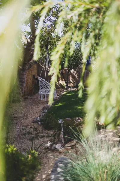 Bir sürü bitkisi ve sallanan sandalyesi sığ, güneşli arka bahçesi var.