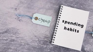 yanında ucuz ve pahalı prioduct fiyat etiketleri, para ve tüketici davranışı olan not defterine harcama alışkanlıkları