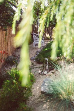 Bir sürü bitkisi ve sallanan sandalyesi sığ, güneşli arka bahçesi var.