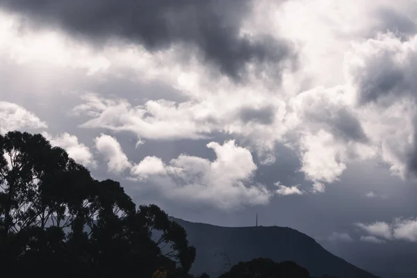 stormy moody sky with sunrays peaking through on top of the mountains in Tasmania, Australia with vegetation in the foreground