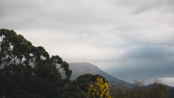 オーストラリアのタスマニアで嵐の日に山頂を覆う雲のタイムラプス — ストック動画