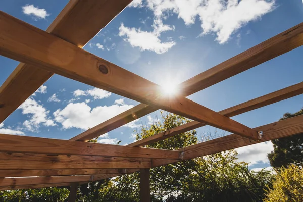 under construction garden pergola with wooden structure in sunny backyard surrounded by tropical plants in Australia