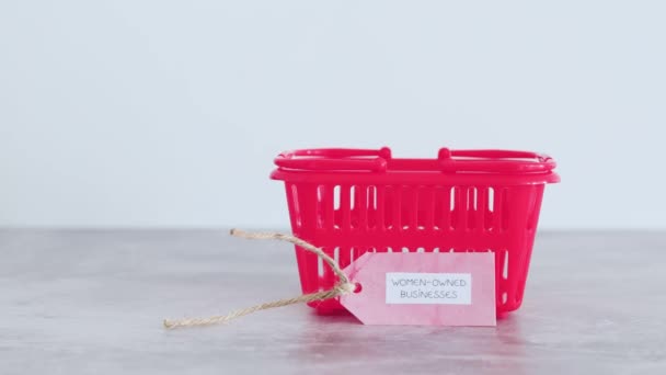 Women Owned Businesses Tag Pink Shopping Basket Supporting Equality — Stock Video