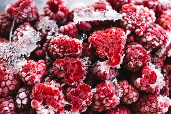 Framboesas Congeladas Close Com Gelo Visível Receitas Alimentos Saudáveis Base — Fotografia de Stock