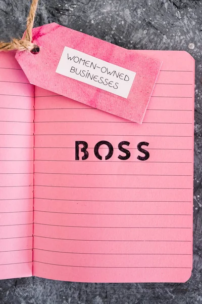 Women Owned Business Tag Girl Boss Text Pink Notepad Supporting — Stock Photo, Image