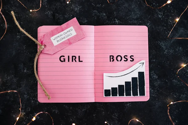 Κορίτσι Αφεντικό Κείμενο Ροζ Σημειωματάριο Και Γυναίκες Που Ανήκουν Επιχειρήσεις — Φωτογραφία Αρχείου