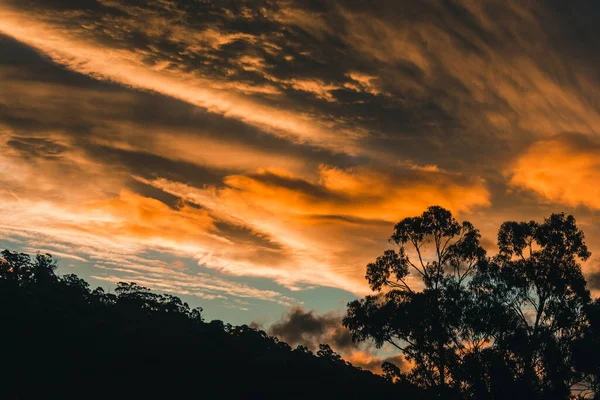 Güzel Yoğun Günbatımı Gökyüzü Dağların Üzerinde Pembe Altın Renkler Tazmanya — Stok fotoğraf