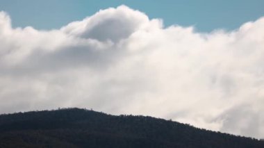 timelpase of day passing by and clouds rolling over the mountains and thick vegetation shot in Tasmania, Australia in winter