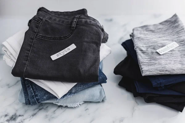 Stapels Jeans Broeken Worden Gesorteerd Style Comfort Categorieën Concept Van — Stockfoto