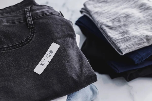 Stapels Jeans Broeken Worden Gesorteerd Style Comfort Categorieën Concept Van — Stockfoto