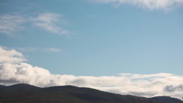 冬にオーストラリアのタスマニアで撮影された山と厚い植生を覆うふわふわの雲と穏やかな青い空をタイムラプス — ストック動画