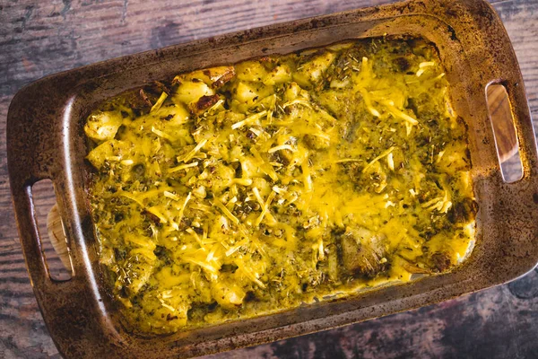 Vegan Oven Baked Smashed Potatoes Pesto Sauce Plant Based Cheese — Stock Photo, Image