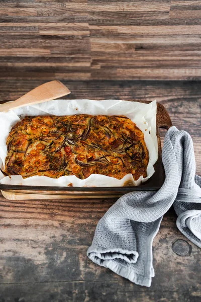 Vegan Homemade Focaccia Bread Cherry Tomatoes Onions Freshly Cooked Just — Stock Photo, Image