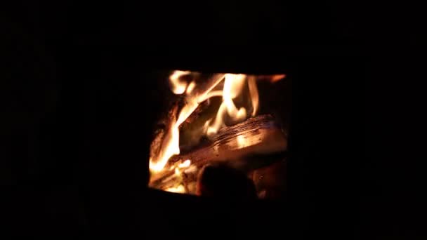 舒适的冬季室外壁炉 美丽的火焰燃烧着木柴和纸板 舒缓了温暖的冬季气氛 — 图库视频影像