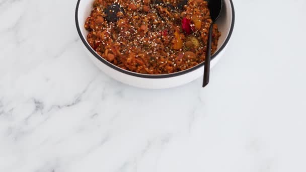 Vegan Quinoa Rice Mediterranean Vegetables Mixed Mexican Beans Tomato Sauce — Stock Video