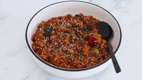 Vegan Quinoa Rice Mediterranean Vegetables Mixed Mexican Beans Tomato Sauce — Stock Video