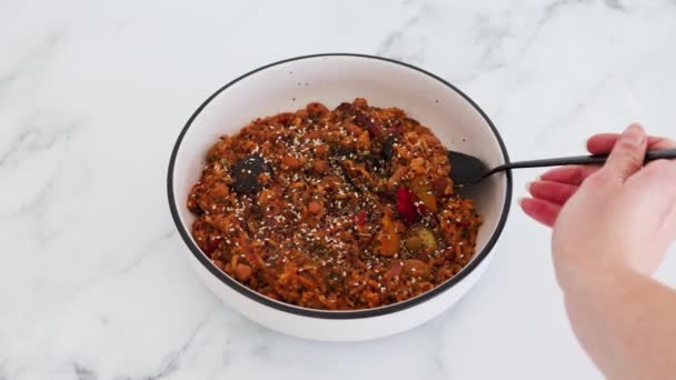 Vegan Quinoa Rice Mediterranean Vegetables Mixed Mexican Beans Tomato Sauce — Stock Video