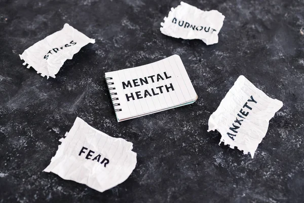 Κείμενο Ψυχικής Υγείας Σημειωματάριο Που Περιβάλλεται Από Φόβο Άγχος Άγχος — Φωτογραφία Αρχείου