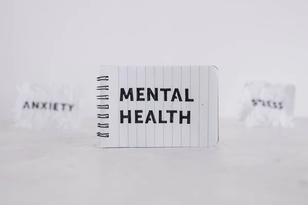 Mental Health Text Notepad Surrounded Anxiety Stress Words Scrunched Pages — Stock Photo, Image