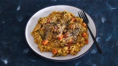 Tatlı patatesli vegan körili pilav fasulye ve dolma biber ve bitki bazlı tavuk, sağlıklı bitki bazlı yemek tarifleri.