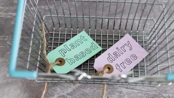 Plant Based Dairy Free Product Tags Top Grocery Shopping Basket — Stock Video