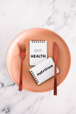 Yemek tabağının tepesindeki not defterlerinde çatal ve bıçakla beslenme metni, sağlıklı beslenme kavramı ve bilimsel araştırma.