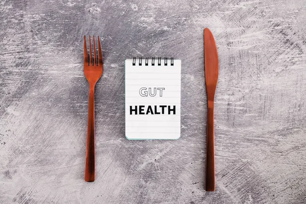 Texto Salud Intestinal Bloc Notas Con Tenedor Cuchillo Concepto Nutrición — Foto de Stock