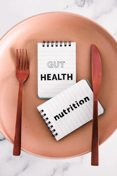 Salud Intestinal Texto Nutricional Bloc Notas Parte Superior Placa Comedor — Foto de Stock